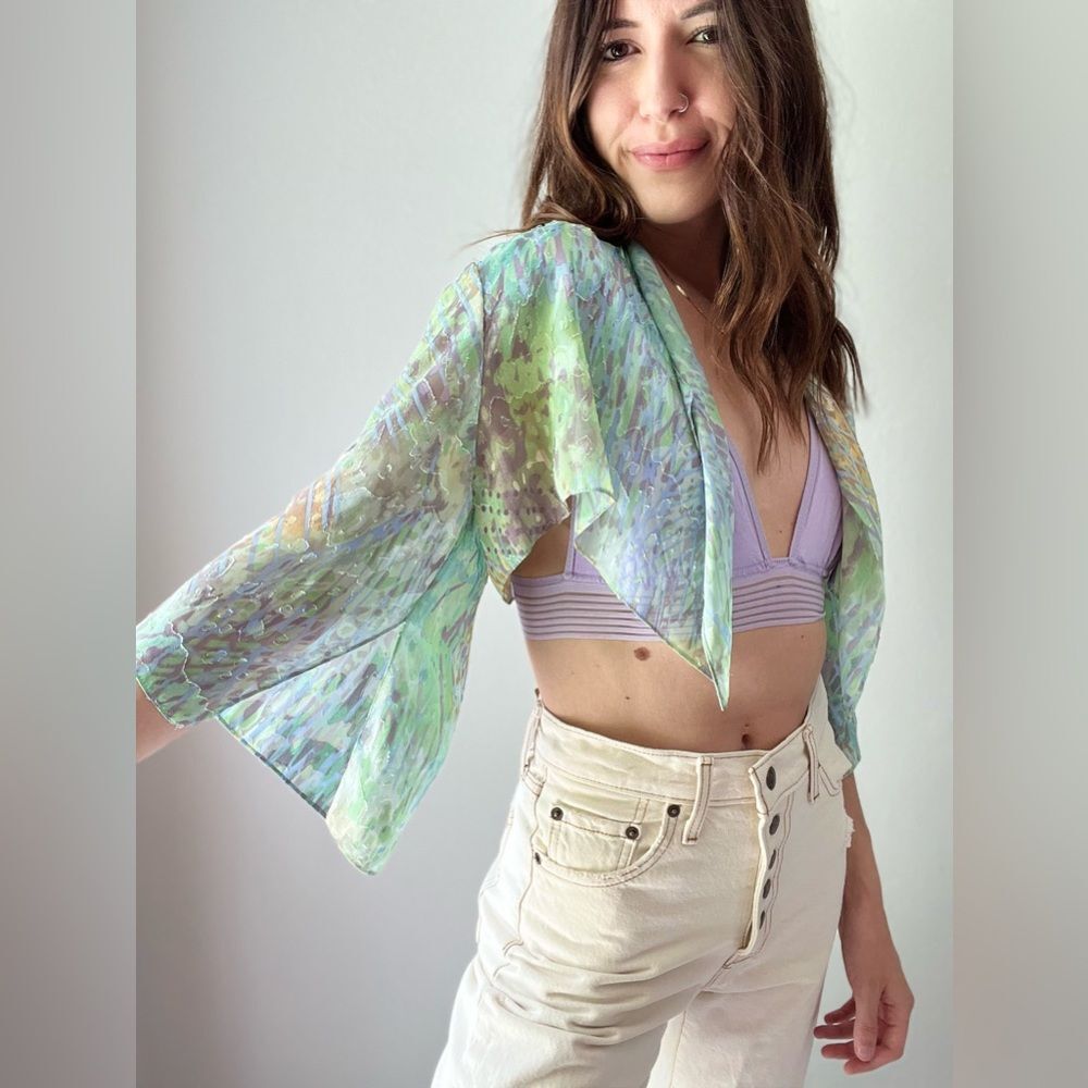 Vintage 90s Alex Evenings Petites Open Front Draped Multicolor Marbled Cardigan - Picture 4 of 11